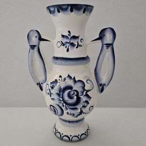Hand-Painted Blue and White Ceramic Vase with Bird-Handle Motif